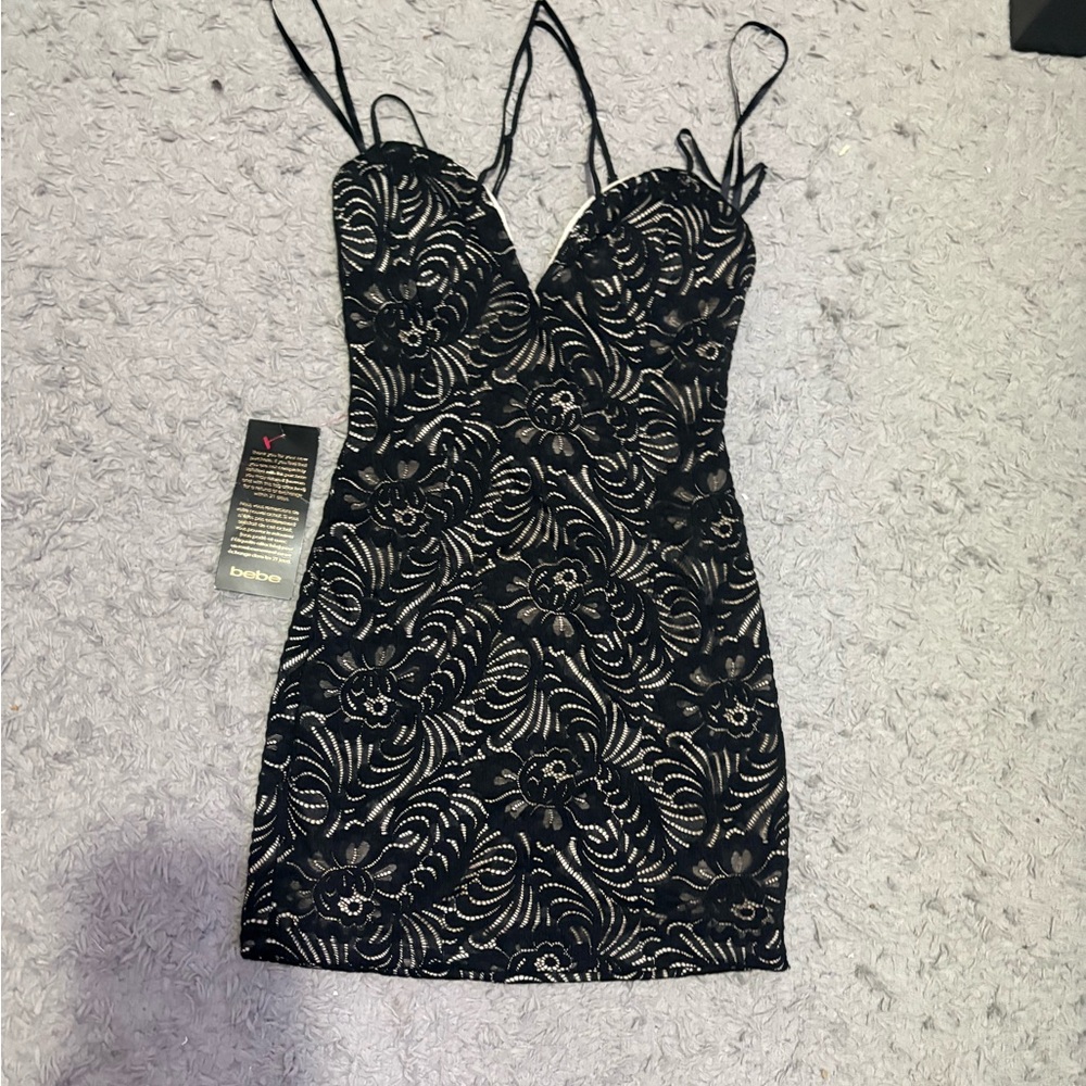 Bebe Black and Cream Floral Mini Dress